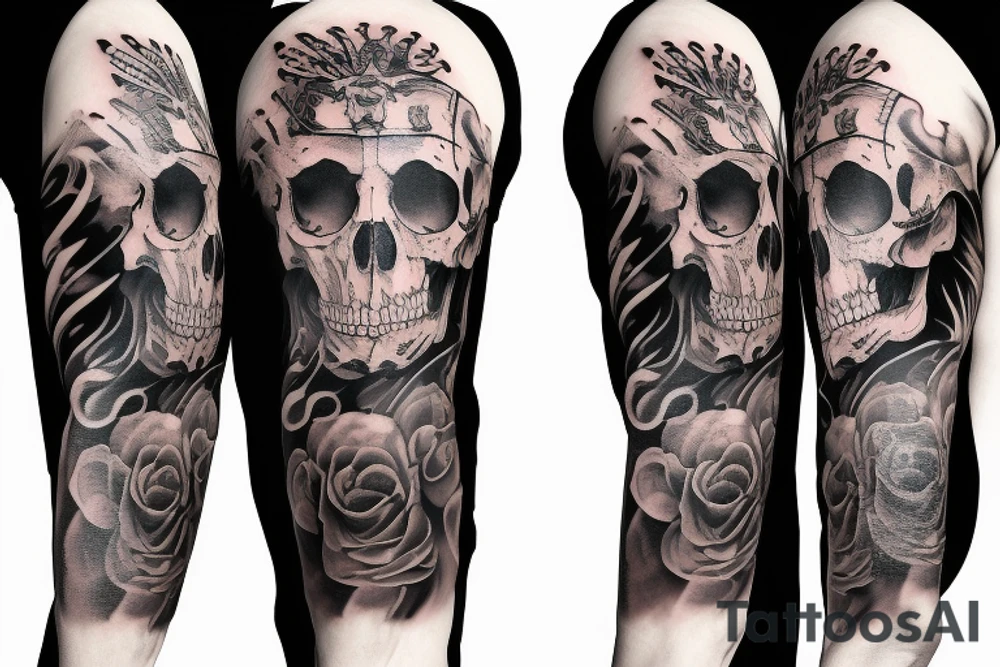 Trash polka style sleeve with lion skull 
brush storkes on the shoulder tattoo idea