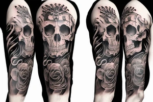 Trash polka style sleeve with lion skull 
brush storkes on the shoulder tattoo idea