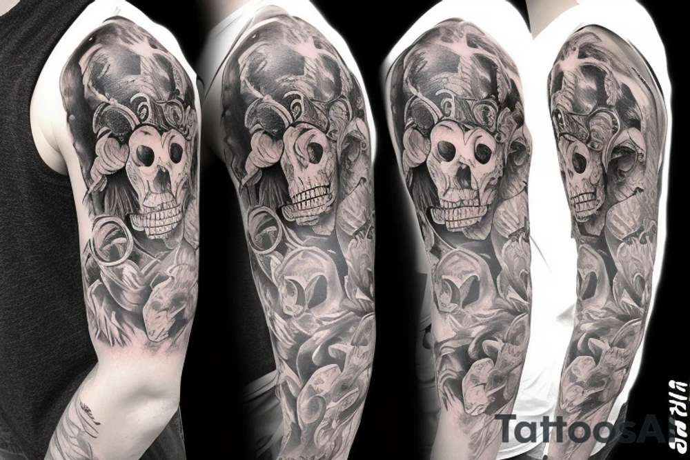 Trash polka style sleeve with lion skull 
brush storkes on the shoulder tattoo idea