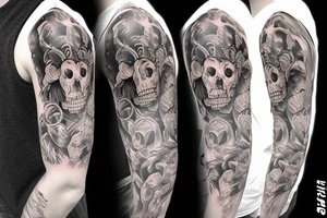 Trash polka style sleeve with lion skull 
brush storkes on the shoulder tattoo idea