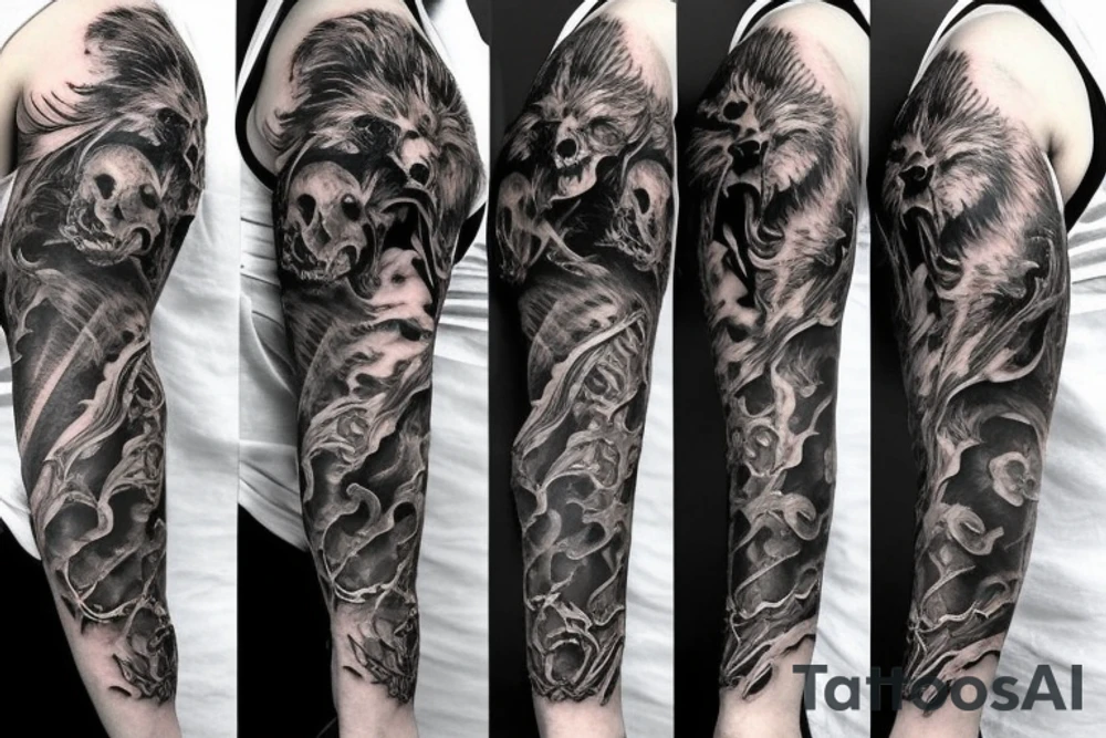 Trash polka style sleeve with lion skull 
brush storkes on the shoulder tattoo idea