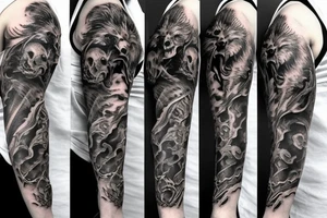 Trash polka style sleeve with lion skull 
brush storkes on the shoulder tattoo idea