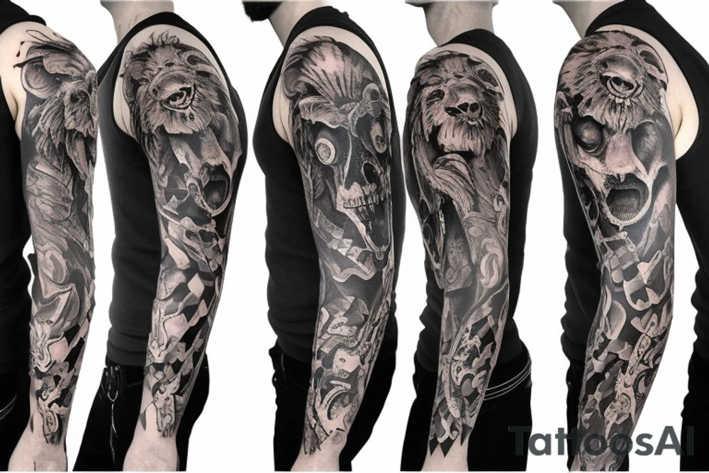 Trash polka style sleeve with lion skull 
brush storkes on the shoulder tattoo idea