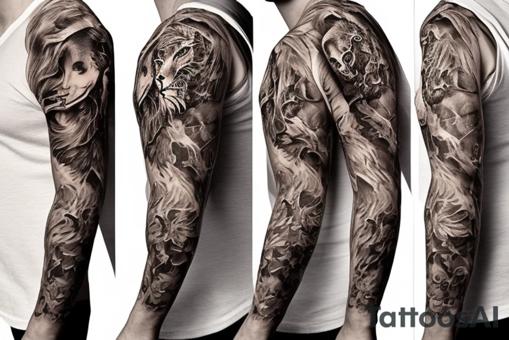 Trash polka style sleeve with lion skull on the shoulder tattoo idea