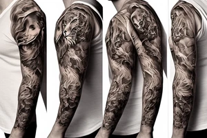 Trash polka style sleeve with lion skull on the shoulder tattoo idea