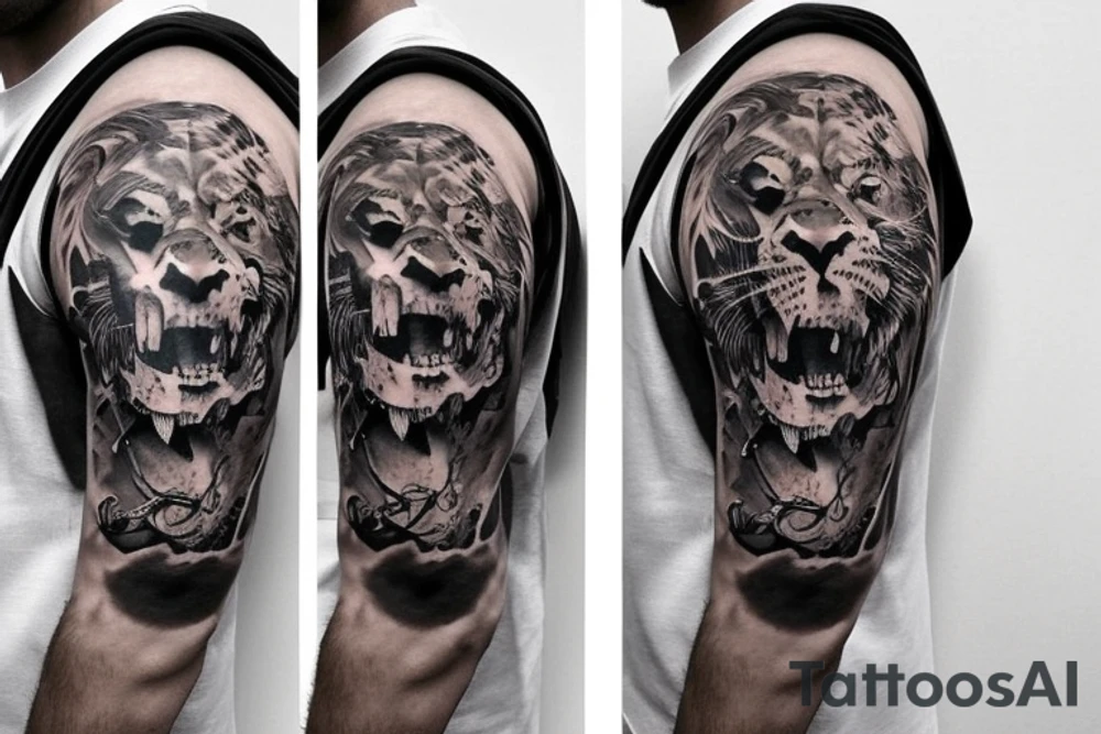 Trash polka style sleeve with lion skull on the shoulder tattoo idea