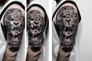 Trash polka style sleeve with lion skull on the shoulder tattoo idea