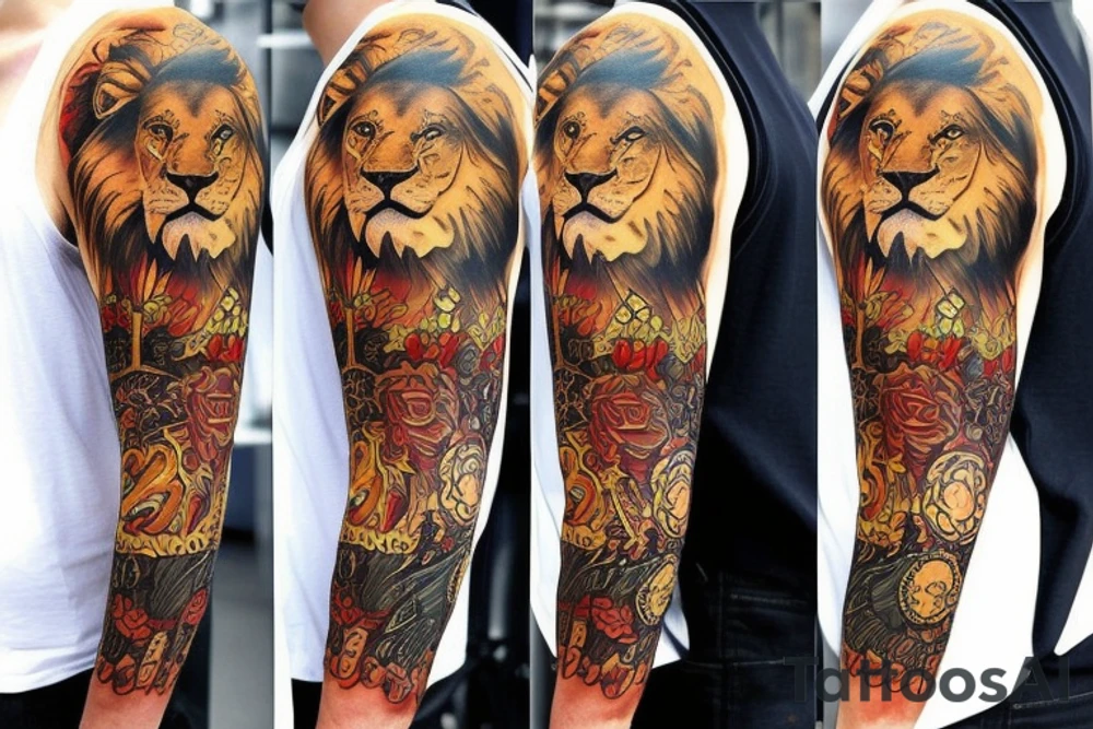 Trash polka style sleeve with lion on the shoulder tattoo idea