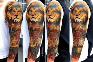 Trash polka style sleeve with lion on the shoulder tattoo idea