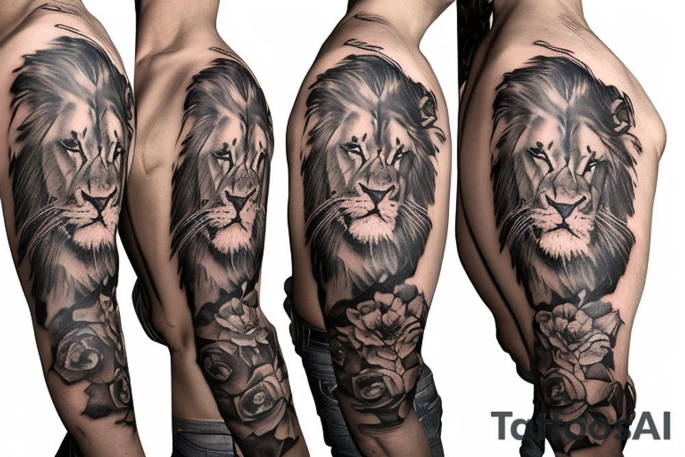 Trash polka style sleeve with lion on the shoulder tattoo idea