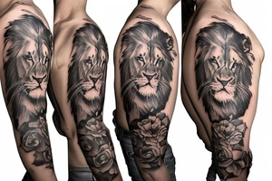 Trash polka style sleeve with lion on the shoulder tattoo idea