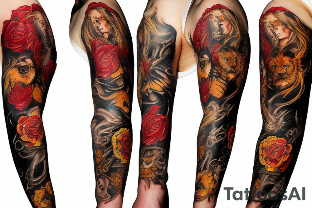 Trash polka sleeve, lion tattoo idea