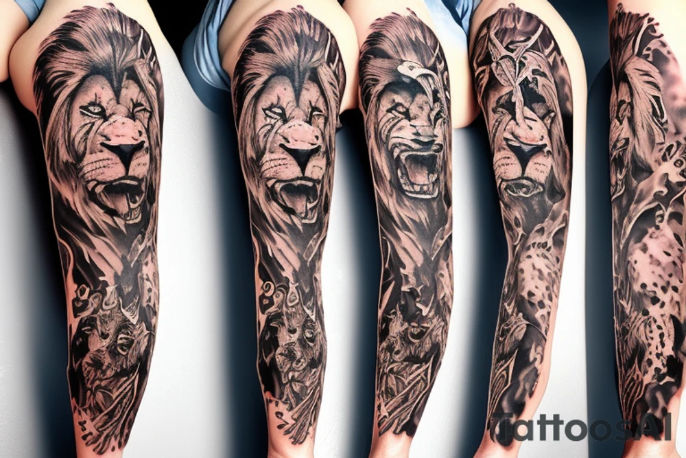 Trash polka sleeve, lion tattoo idea