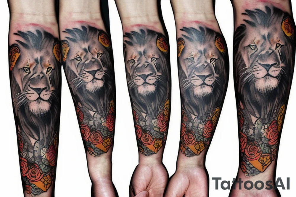 Trash polka sleeve, lion tattoo idea