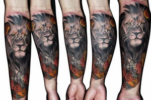 Trash polka sleeve, lion tattoo idea
