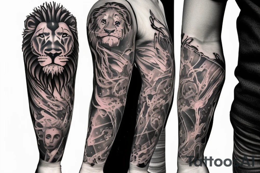 Trash polka sleeve, lion tattoo idea