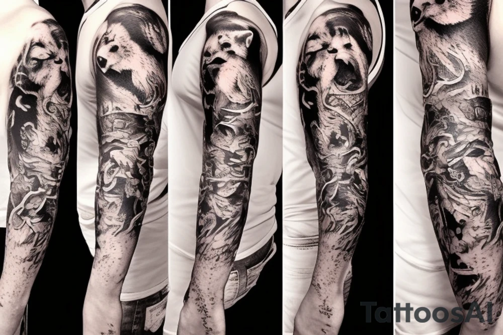 Trash polka sleeve, lion tattoo idea
