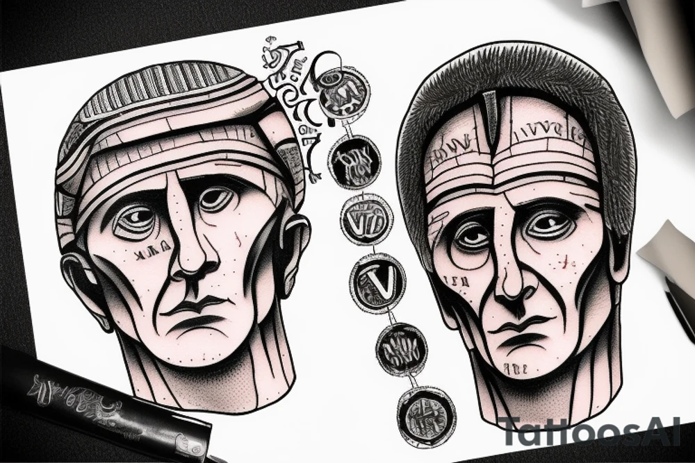 Micrography style picture of julius caesar made with the words "Vini Vidi Vici" tattoo idea