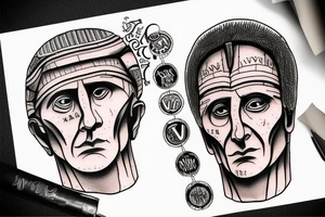 Micrography style picture of julius caesar made with the words "Vini Vidi Vici" tattoo idea