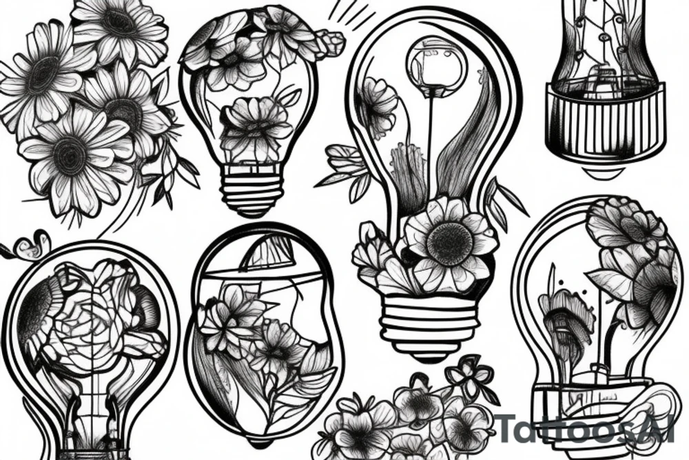 Flowers inside broken lightbulb tattoo idea