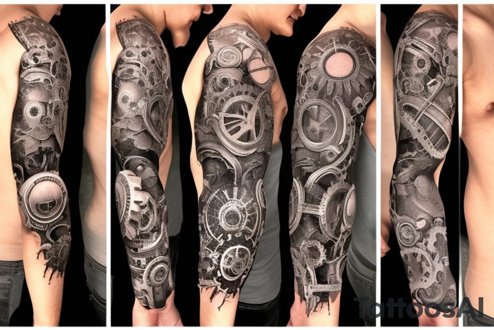 cyborg sleeve with mechanicla compnents such as gears wires hydraulics tattoo idea