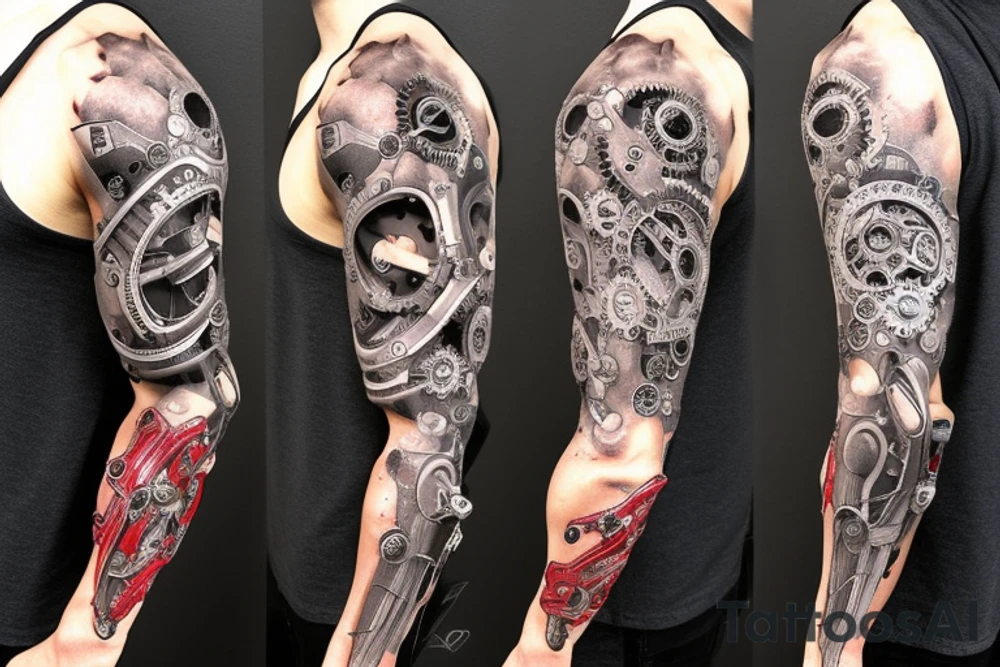 cyborg sleeve with mechanicla compnents such as gears wires hydraulics tattoo idea
