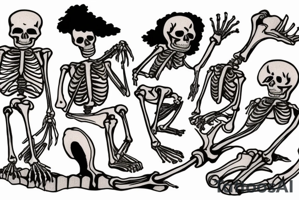 Animated sketch where a  skeleton  Father  pulls out his rib bone to roast over a campfire by his 3 skeleton children. tattoo idea