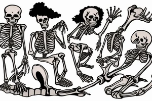 Animated sketch where a  skeleton  Father  pulls out his rib bone to roast over a campfire by his 3 skeleton children. tattoo idea