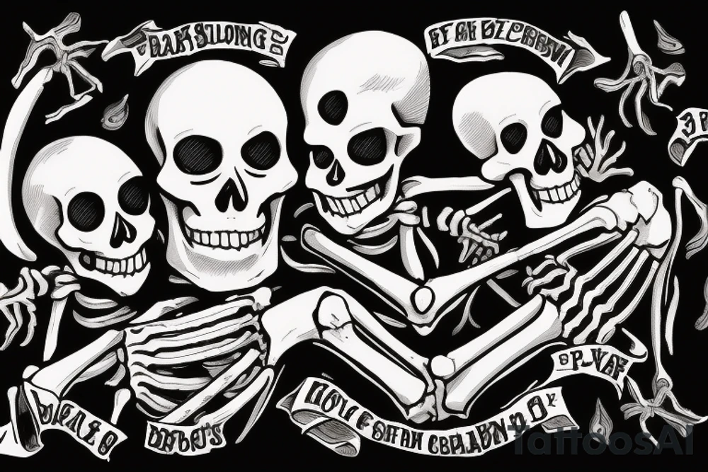 Animated sketch where a  skeleton  Father  pulls out his rib bone to roast over a campfire by his 3 skeleton children. tattoo idea