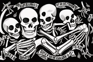 Animated sketch where a  skeleton  Father  pulls out his rib bone to roast over a campfire by his 3 skeleton children. tattoo idea