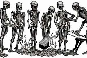 Skelton standing over campfire pulling rib bone out to roast over campfire for 3 children tattoo idea