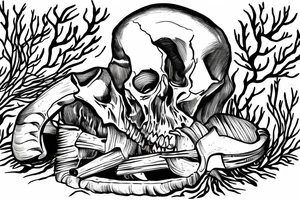 Skelton standing over campfire pulling rib bone out to roast over campfire for 3 children tattoo idea