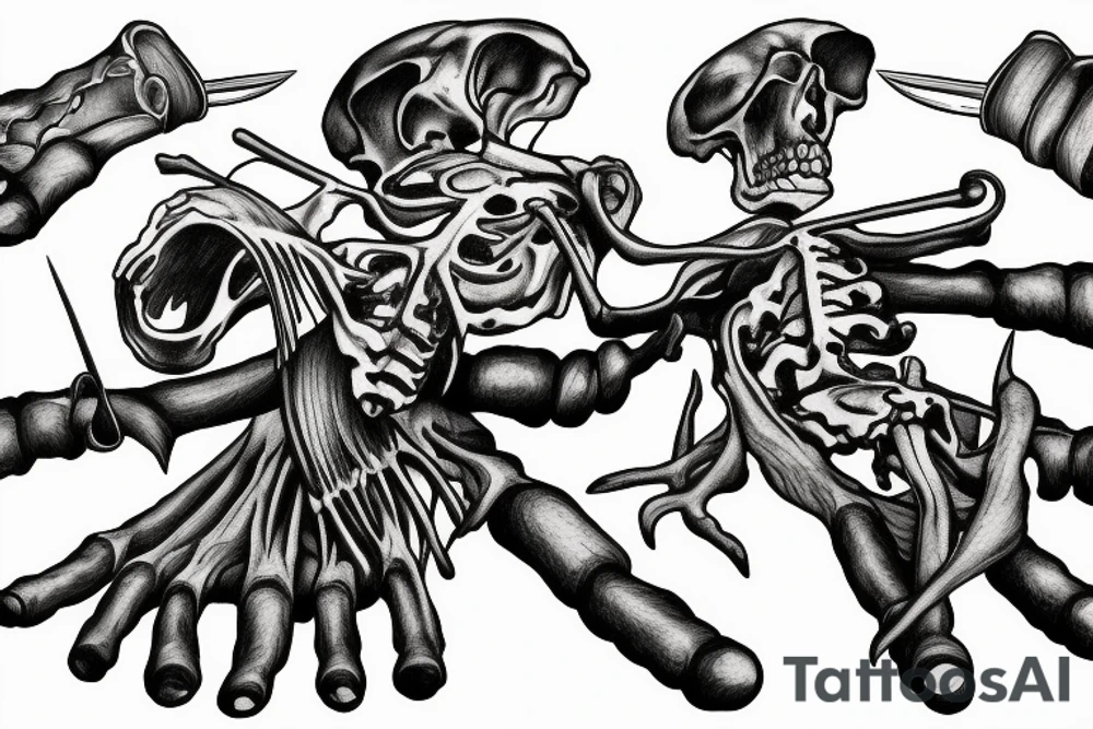 Skelteon standing over campfire pulling rib bone out to roast over campfire for 3 children tattoo idea