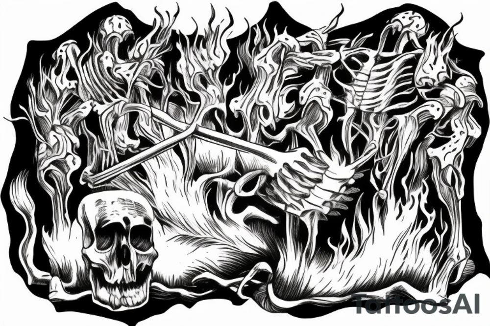 Skelteon standing over campfire pulling rib bone out to roast over campfire for 3 children tattoo idea