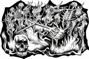 Skelteon standing over campfire pulling rib bone out to roast over campfire for 3 children tattoo idea