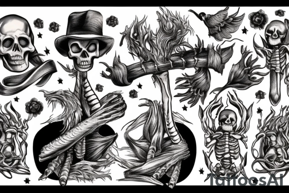 Skelteon standing over a campfire with his three skeleton children, with  starry night in the sky, and the skeleton father roasting part of his own rib bone over the fire tattoo idea