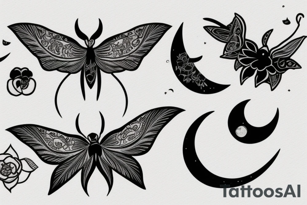 Lunar moth with crescent moon and peony flowers tattoo idea