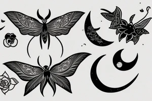 Lunar moth with crescent moon and peony flowers tattoo idea