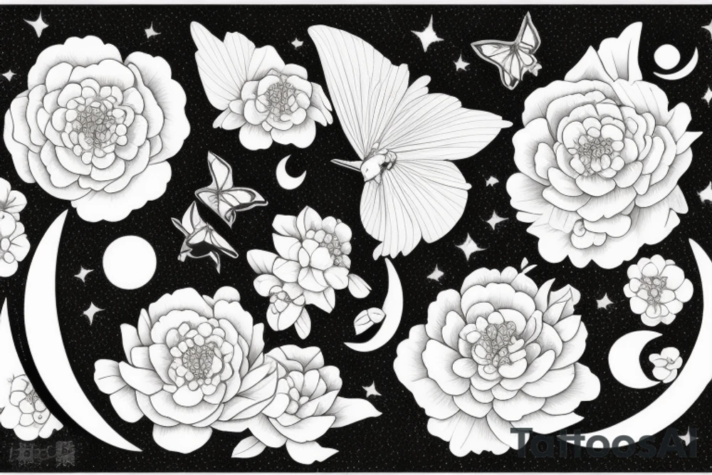 Lunar moth with crescent moon and peony flowers tattoo idea
