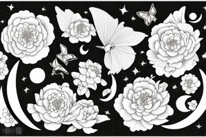 Lunar moth with crescent moon and peony flowers tattoo idea