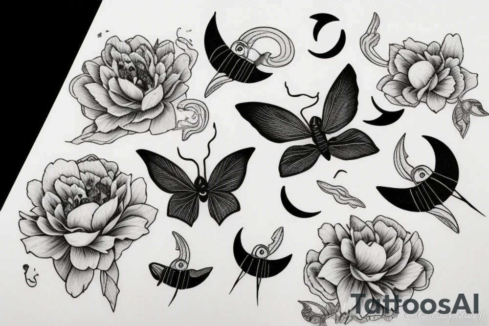 Lunar moth with crescent moon and peony flowers tattoo idea
