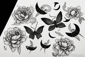 Lunar moth with crescent moon and peony flowers tattoo idea