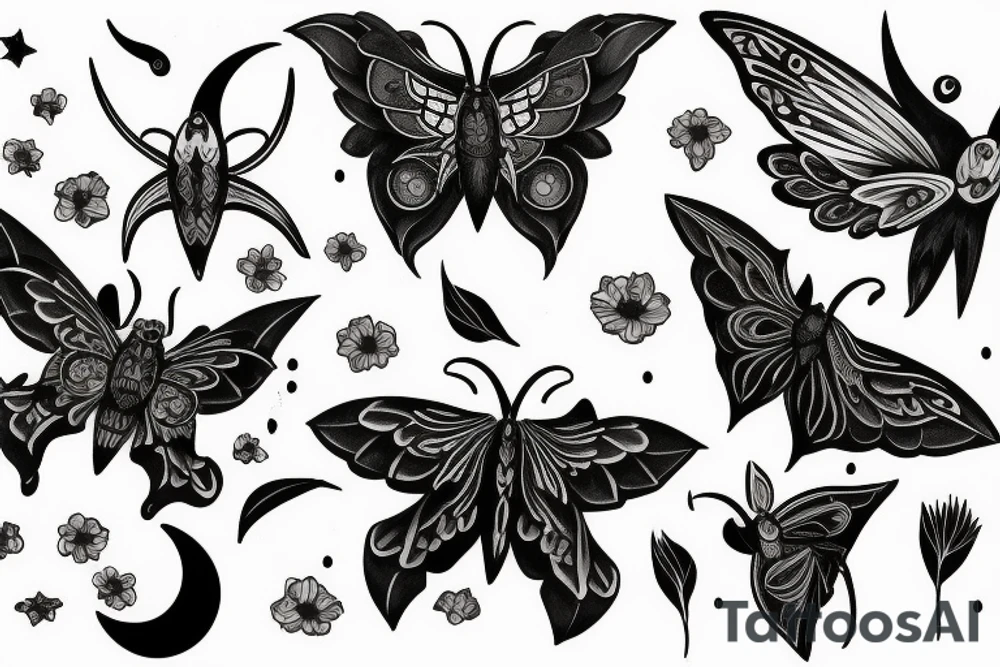 Lunar moth with crescent moon and flowers tattoo idea Lunar moth with crescent moon and flowers tattoo idea
