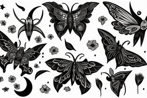 Lunar moth with crescent moon and flowers tattoo idea