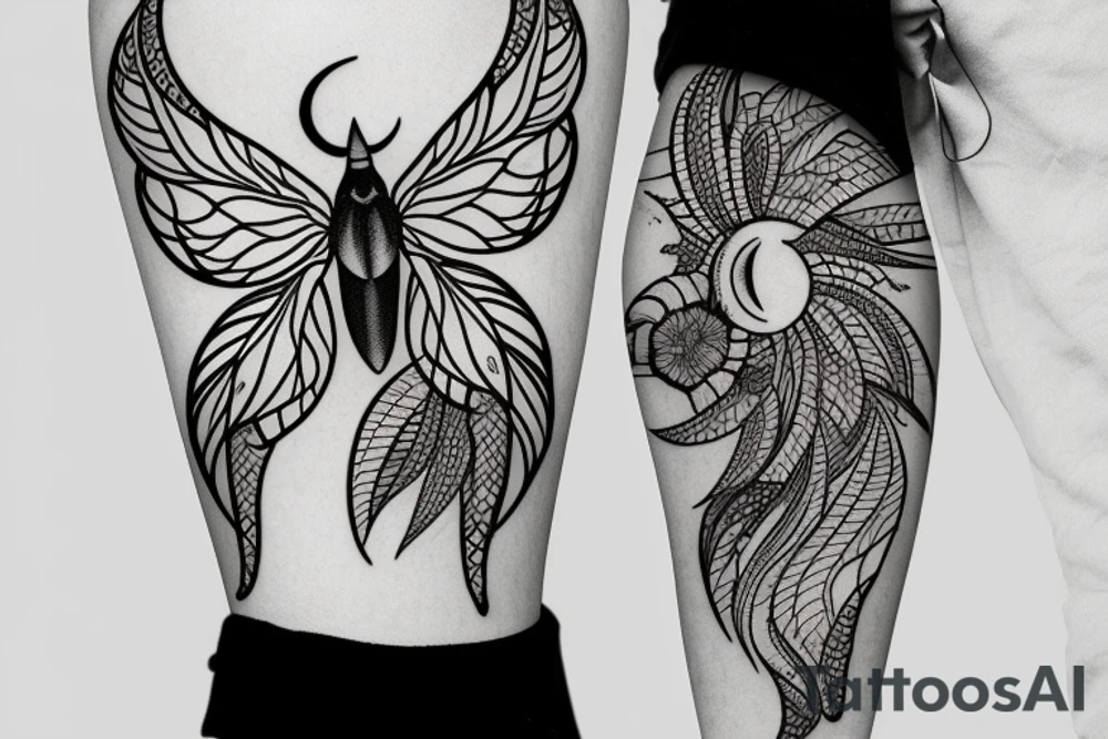 Lunar moth with crescent moon and flowers tattoo idea