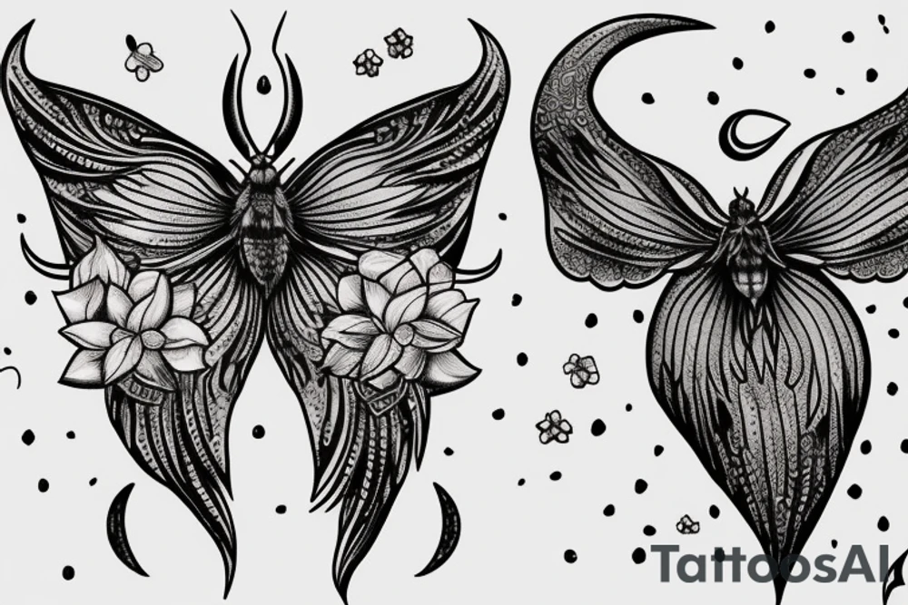Lunar moth with crescent moon and flowers tattoo idea Lunar moth with crescent moon and flowers tattoo idea