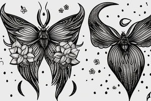 Lunar moth with crescent moon and flowers tattoo idea