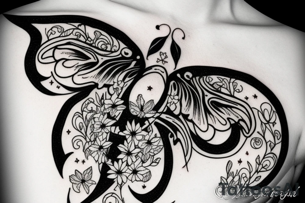 Lunar moth with crescent moon and flowers tattoo idea