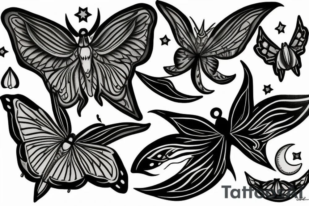 Lunar moth with crescent moon and flowers tattoo idea Lunar moth with crescent moon and flowers tattoo idea