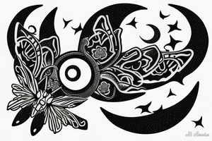 Lunar moth with crescent moon and flowers tattoo idea